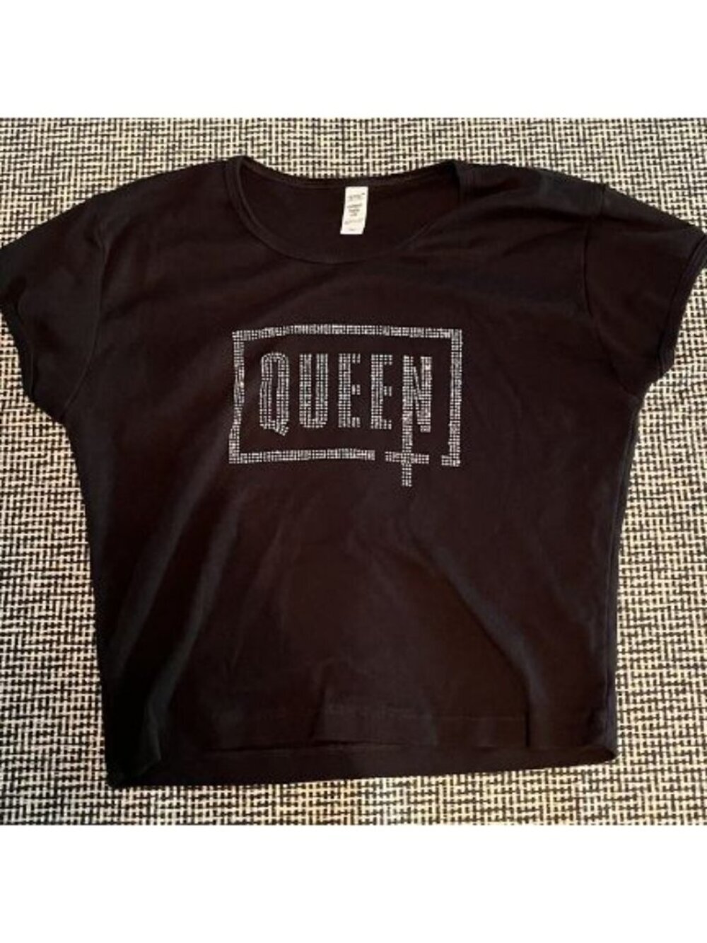 Queen Rhinestone Crop Top Womens XL Black Y2K LA Apparel Baby Rib Tee 1067